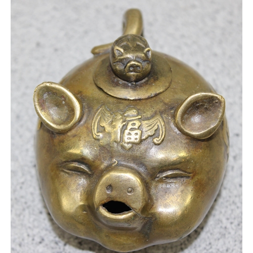 1650 - Brass Chinese zodiac wealth teapot & brass oriental urn