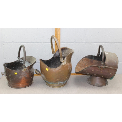 1782 - 3 vintage copper coal buckets