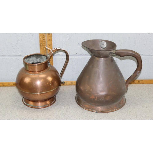 1783 - An early 20th century copper one gallon harvest jug by Lumley of London with proof marks and another... 