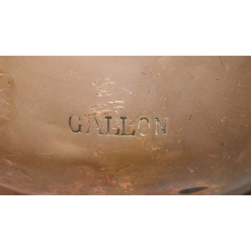 1783 - An early 20th century copper one gallon harvest jug by Lumley of London with proof marks and another... 