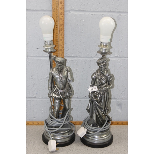 246 - A pair of vintage silver plated lamps formed as medieval male and female figures