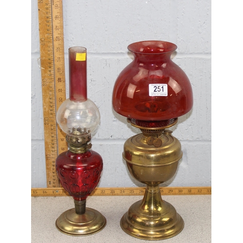 251 - 2 vintage brass and glass oil lamps