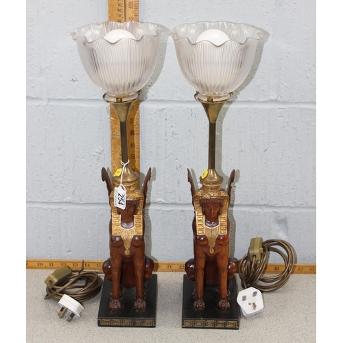 254 - Pair of Egyptian Sphinx style lamps with glass shades