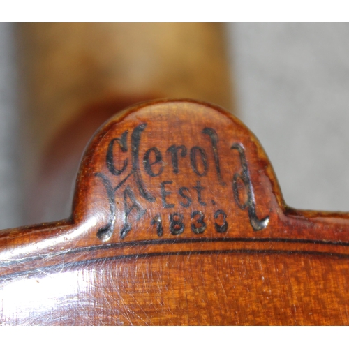 680 - Vintage violin in case stamped C.A. Herold est 1830, with good quality unmarked bow