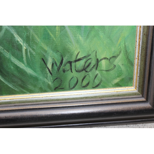 459 - Acrylic/ oil on canvas of a dog, signed Waters 2000