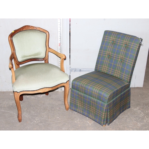 145 - Antique style carver chair and a tartan bedroom chair