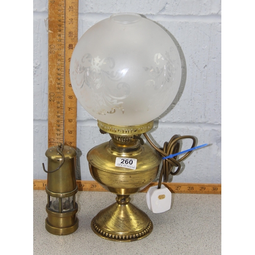 260 - Brass miner lamp and a brass oil lamp later converted to electricity