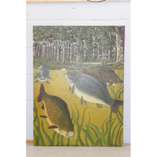 472 - Large oil on canvas of a fisherman and carp, signed TH 2000, approx 102cm x 76cm