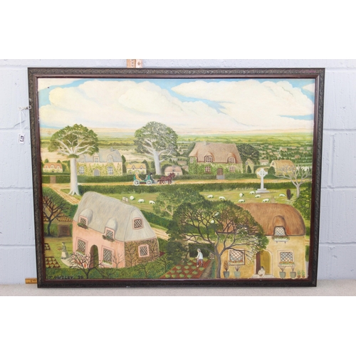 473 - Large framed oil on canvas of a Victorian village scene, signed T Horsley 98, approx 109cm x 83cm.