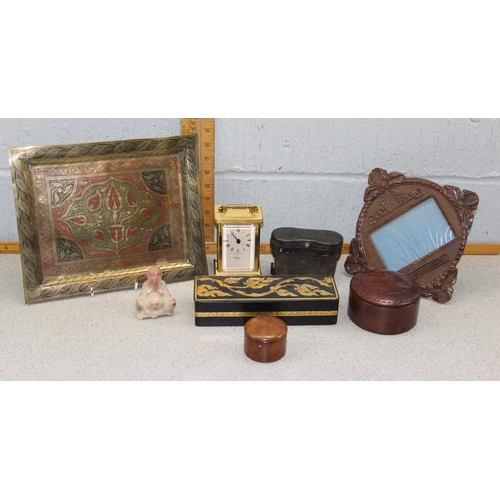 1825 - Mixed lot to include brass tray, leather sewing pot & opera glasses.