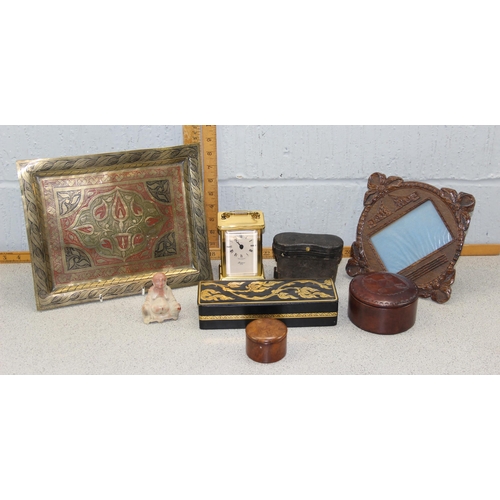 1825 - Mixed lot to include brass tray, leather sewing pot & opera glasses.