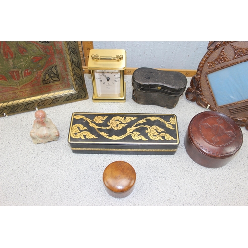 1825 - Mixed lot to include brass tray, leather sewing pot & opera glasses.