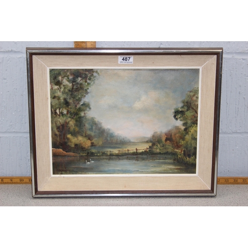 487 - Vintage oil on board of a village pond, signed lower left D. W. Wilson