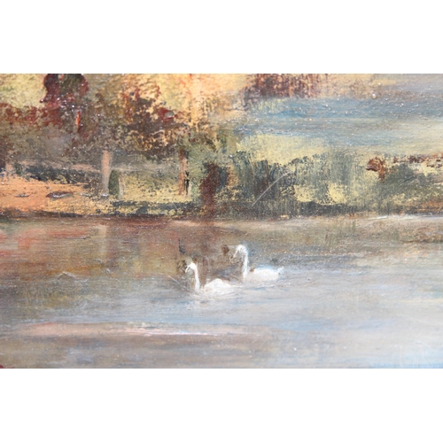 487 - Vintage oil on board of a village pond, signed lower left D. W. Wilson