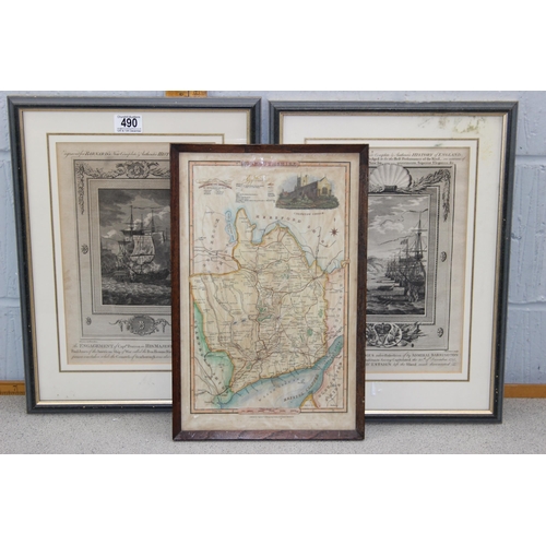 490 - Antique hand coloured map of Monmouthshire and 2 18th century marine copper plate etchings from Barn... 