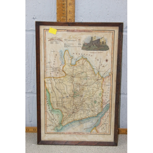 490 - Antique hand coloured map of Monmouthshire and 2 18th century marine copper plate etchings from Barn... 