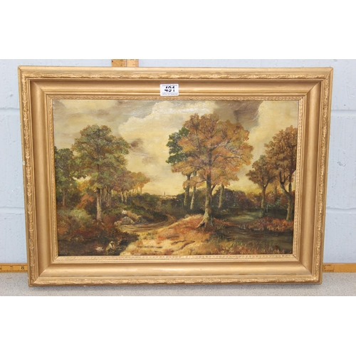 491 - Antique oil on board of an autumn forest in gilt frame, indistinctly signed lower right