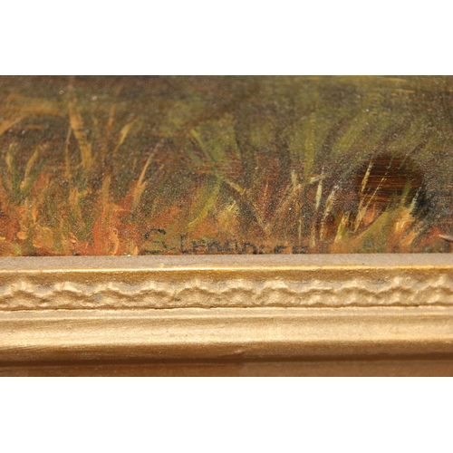 491 - Antique oil on board of an autumn forest in gilt frame, indistinctly signed lower right