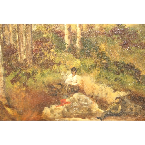 491 - Antique oil on board of an autumn forest in gilt frame, indistinctly signed lower right