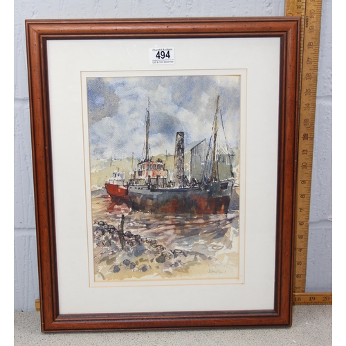 494 - John Higgins Cornish school, watercolour of fishing boats moored at the quayside