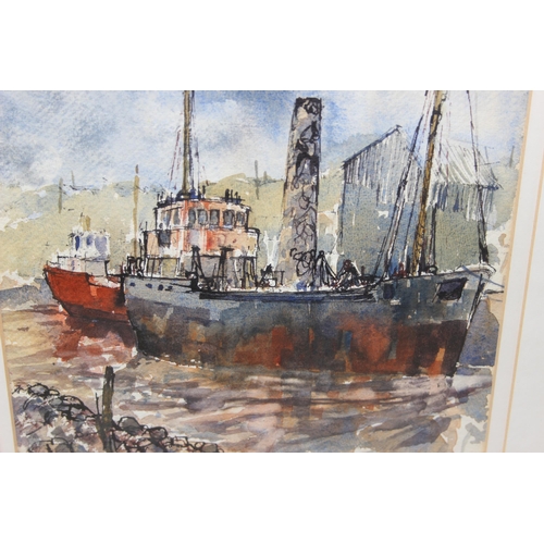 494 - John Higgins Cornish school, watercolour of fishing boats moored at the quayside