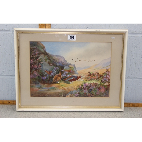 498 - Antique watercolour of grouse amongst heather, indistinctly signed lower left