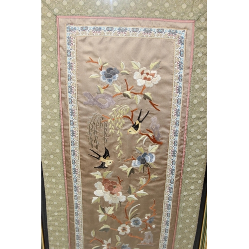 499 - Pair of framed Chinese silks showing birds perched on bamboo & blossom