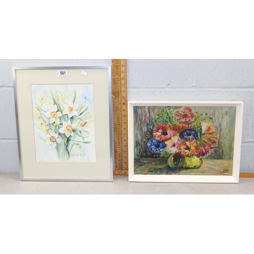 501 - 2 original floral still life paintings, one watercolour of daffodils & an oil of chrysanthemums, bot... 