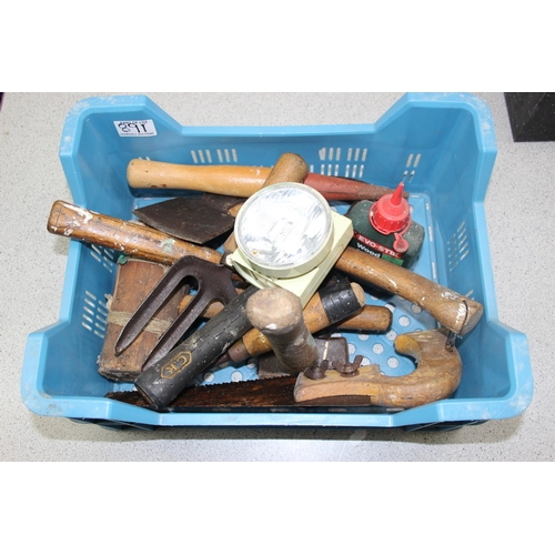 891 - Wooden tool box with contents & a tray of garden hand tools