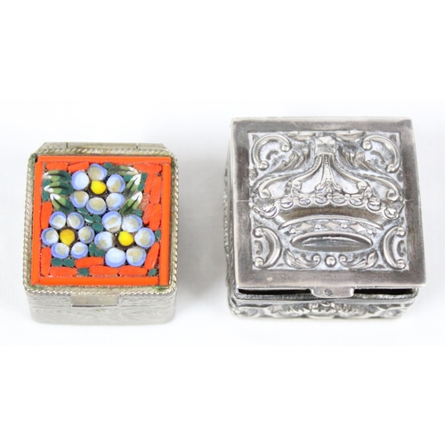 1010 - A small embossed silver pill box, import marks for London 1978 and another pill box with micromosaic... 