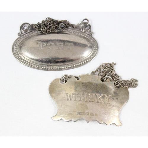 1039 - 2 sterling silver & two silver plated decanter labels, whisky hallmarked for Birmingham 1993, brandy... 