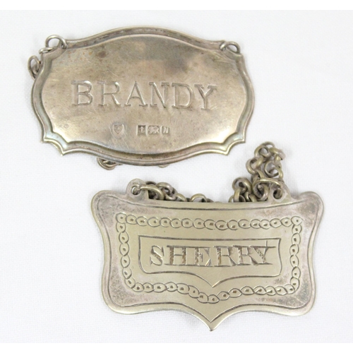 1039 - 2 sterling silver & two silver plated decanter labels, whisky hallmarked for Birmingham 1993, brandy... 