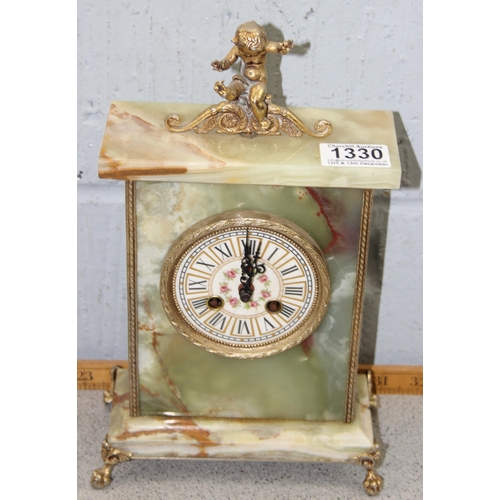 1330 - French cast brass mantle clock & a brass & alabaster mantle clock (2)