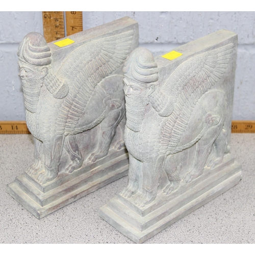 1840 - Pair of reproduction Egyptian god bookends and an antique glazed stone wear pot