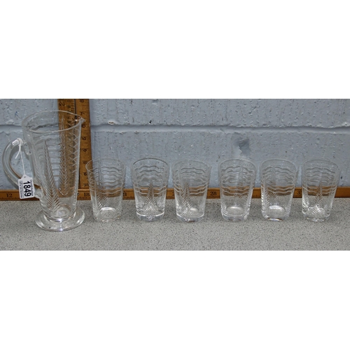 1849 - A vintage clear glass set of 6 glasses and jug, etched fern design