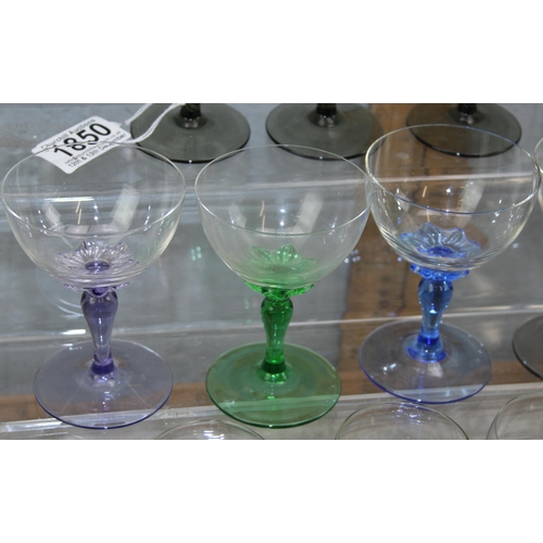 1850 - 3 sets of 4 vintage drinking glasses with coloured stems