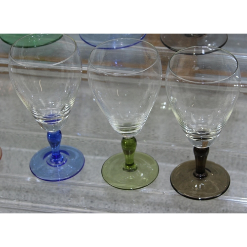 1850 - 3 sets of 4 vintage drinking glasses with coloured stems