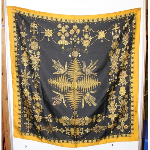 223 - Vintage Hermes gold and black silk scarf decorated with ferns