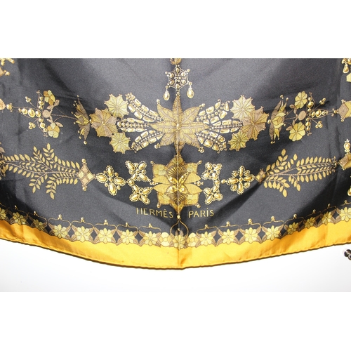 223 - Vintage Hermes gold and black silk scarf decorated with ferns