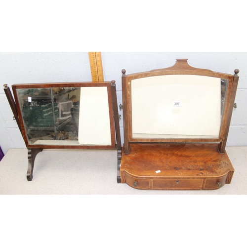 297 - 2 antique mahogany dressing table mirrors, one with a 2 drawer base