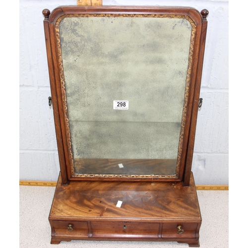 298 - Antique mahogany dressing table mirror with 2 drawer base and distressed mirror plate