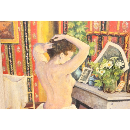 508 - Vintage oil on board of a young lady getting dressed