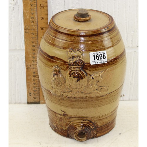 1885 - A 19th century glazed stoneware barrel with armorial crest