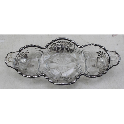 1085 - An early 20th century glass and silver overlay serving dish, marked Sterling, likely American