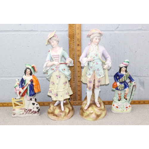 1817 - 4 antique figures, 2 antique porcelain examples, likely Continental and 2 Staffordshire