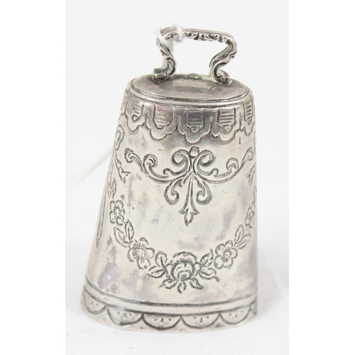 1084 - An unusual miniature silver cow bell with engraved decoration, unmarked but XRF tested approx 90% pu... 