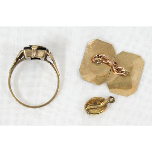 1192 - 9ct gold cufflink, 9ct gold mourning style ring and a 9ct gold coffee bean charm, approx 4.03g gross