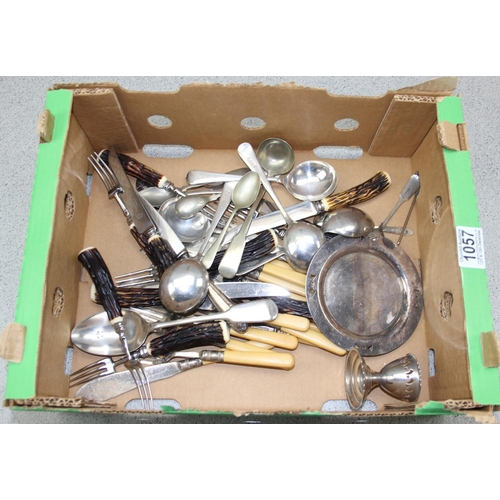 1057 - Qty of assorted silver plate and pewter items, cutlery, 3 branch candelabra etc