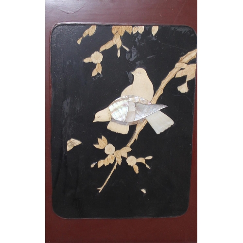 158 - An early 20th century Japanese inlaid screen, with mother of pearl and carved details etc