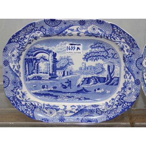 1699M - Spode blue & white Italian pattern small meat plate, 2 handed serving dish and a cake serving plate ... 